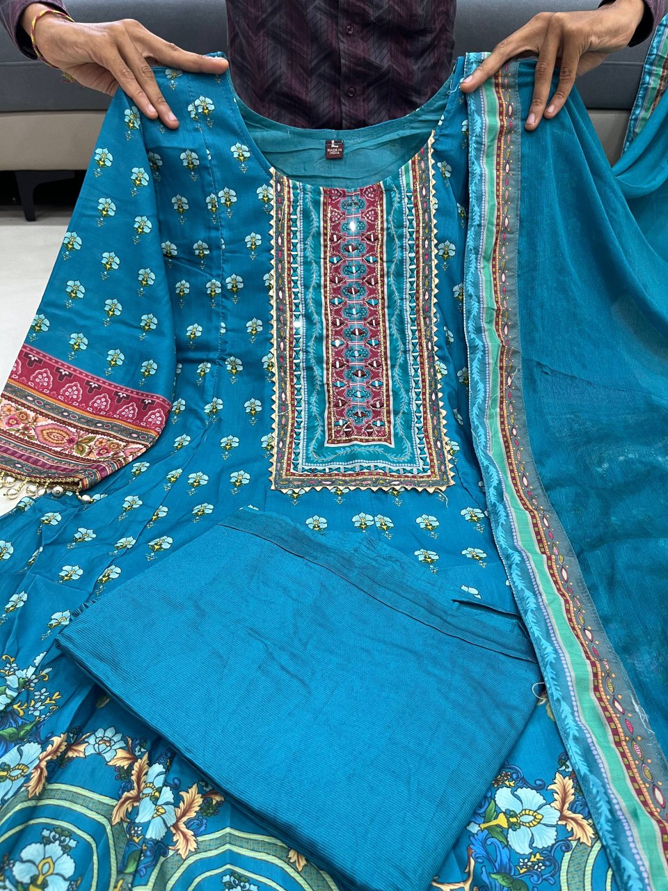 Blue chinon silk mirror and printed work long kurta and pent set with plain dupatta
