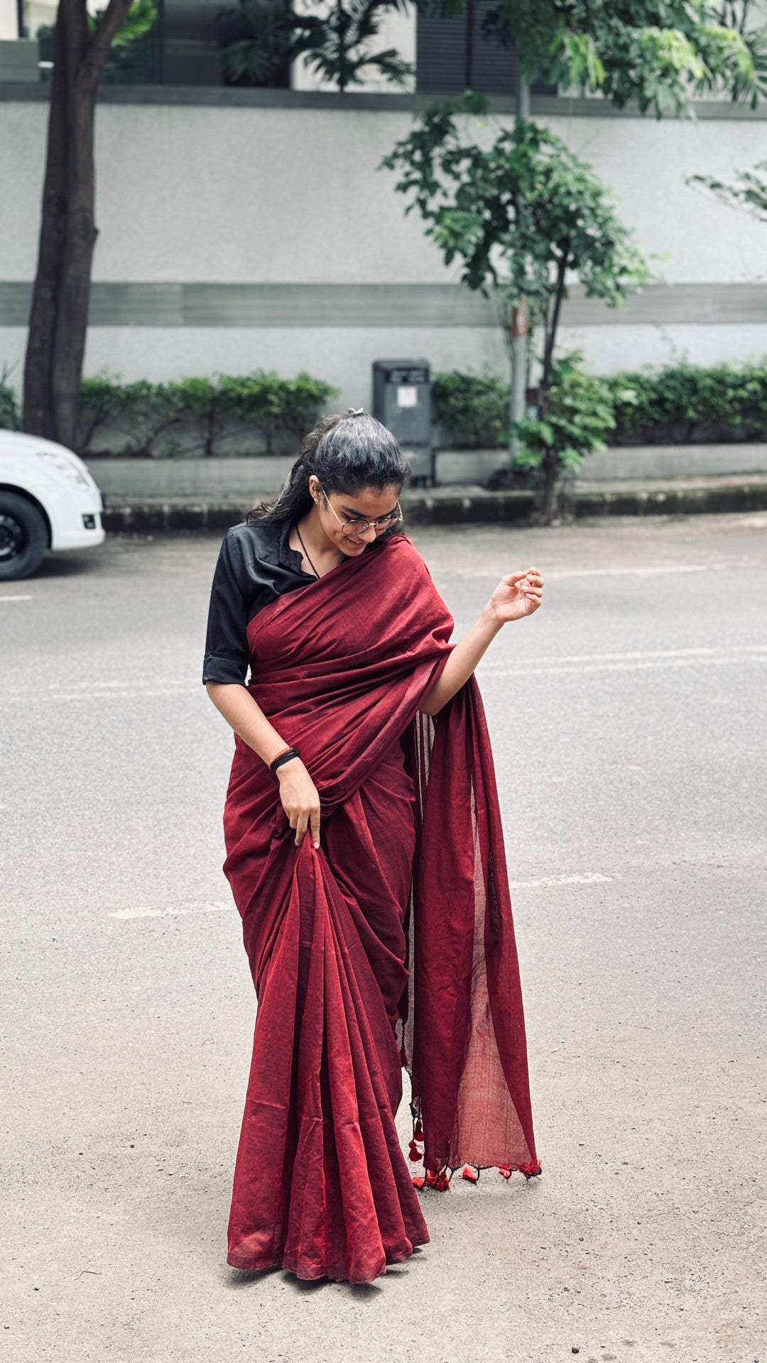 Maroon plain khadi cotton saree with fancy tassel work