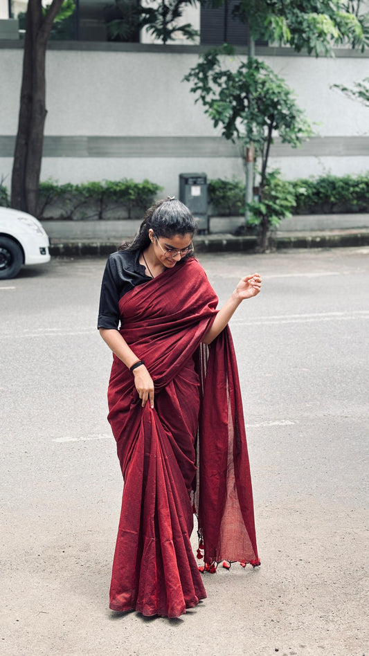 Maroon plain khadi cotton saree with fancy tassel work