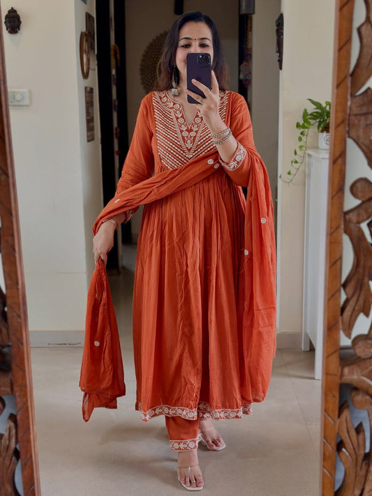 Orange soft cotton kurta and pant set with embroidery work dupatta
