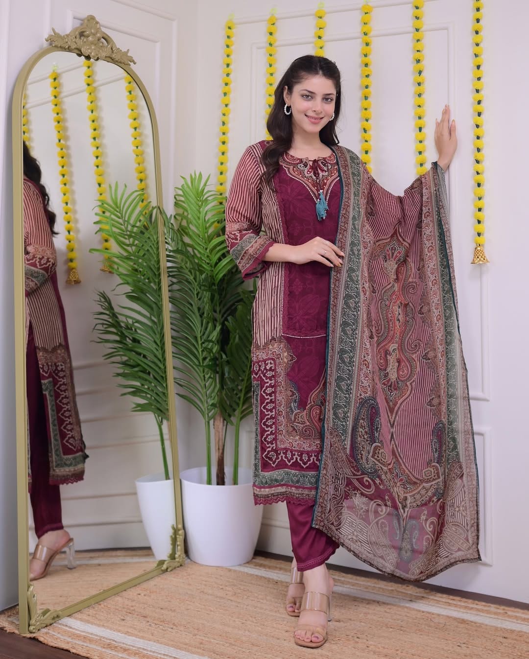 Magenta muslin silk kurta and pent set with digital printed dupatta
