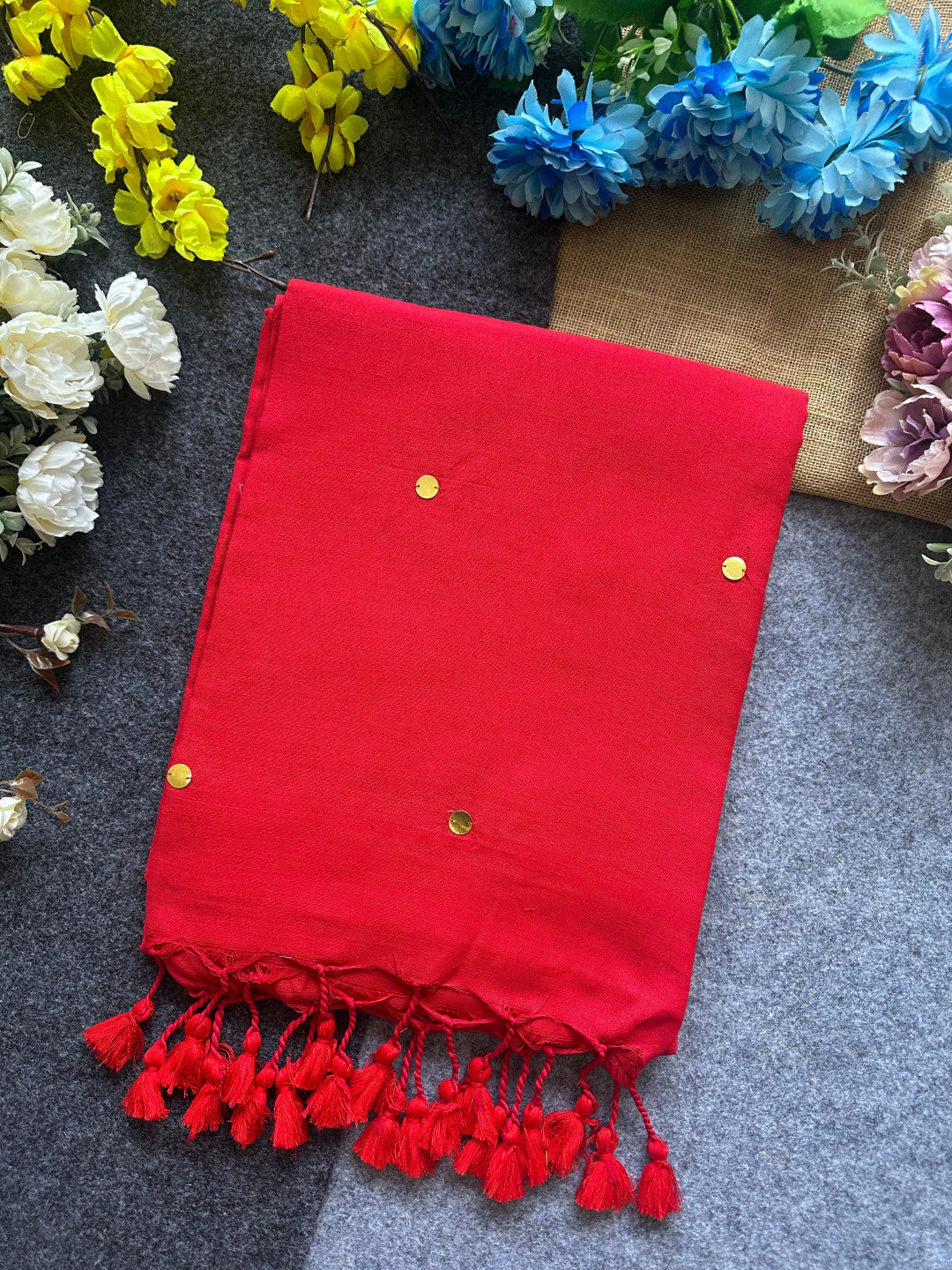 Red plain khadi cotton saree with ginni and fancy tassel work