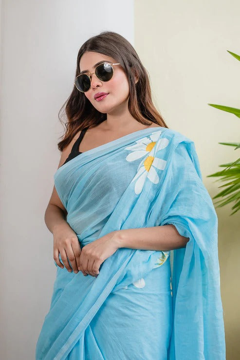 Sky blue fancy khadi cotton saree with flower printed work