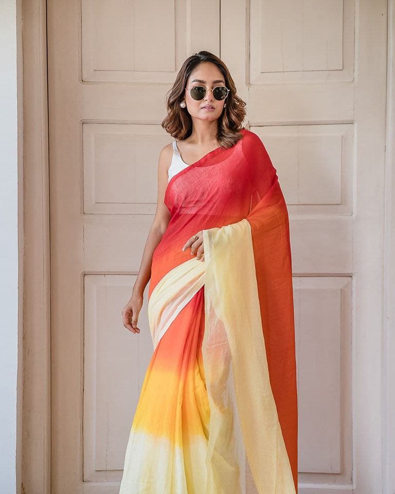Multi colour soft flowy linen cotton saree with digital printed work