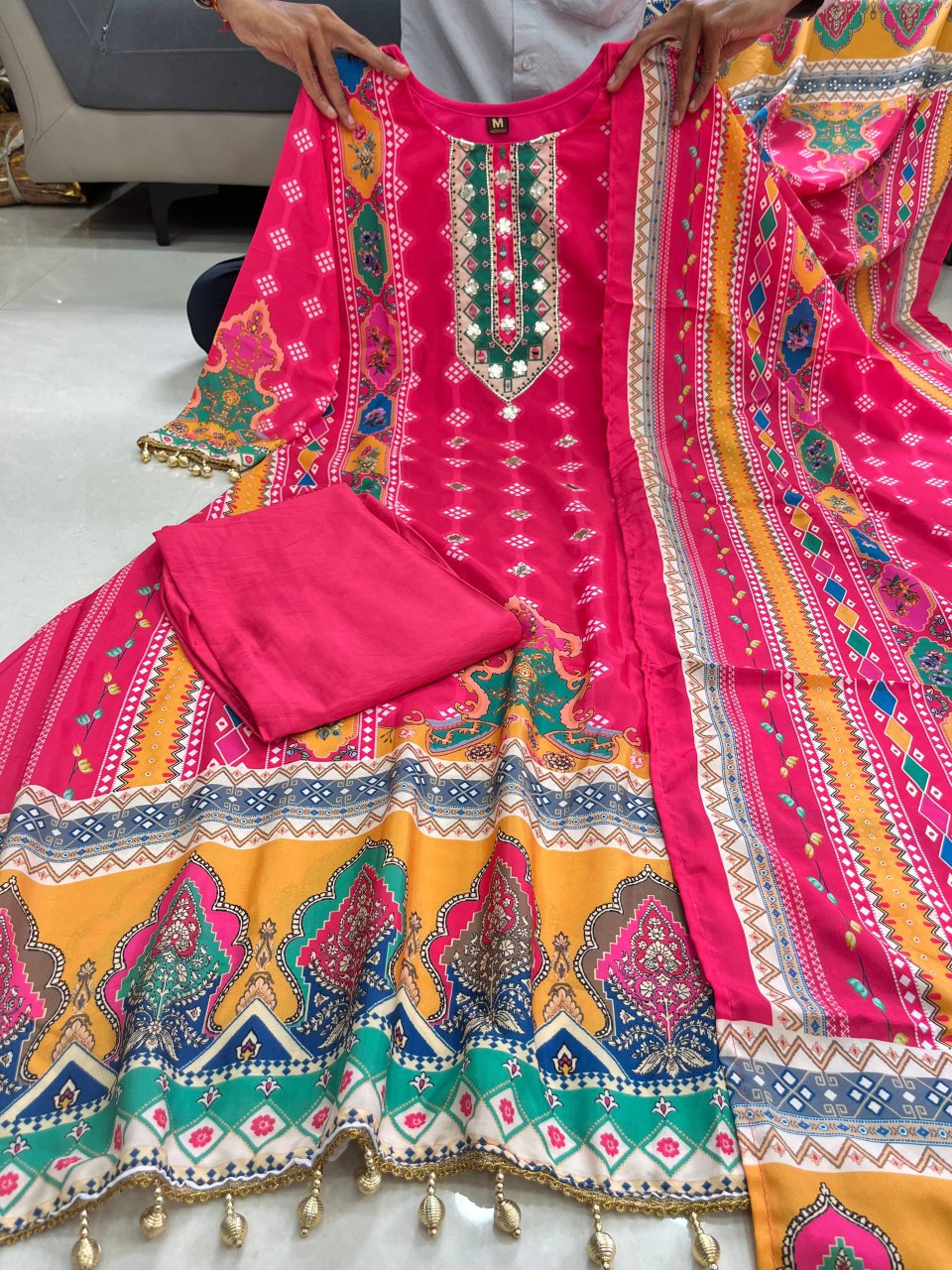 Pink chinon silk kurta palazzo and dupatta set with printed and kodi work