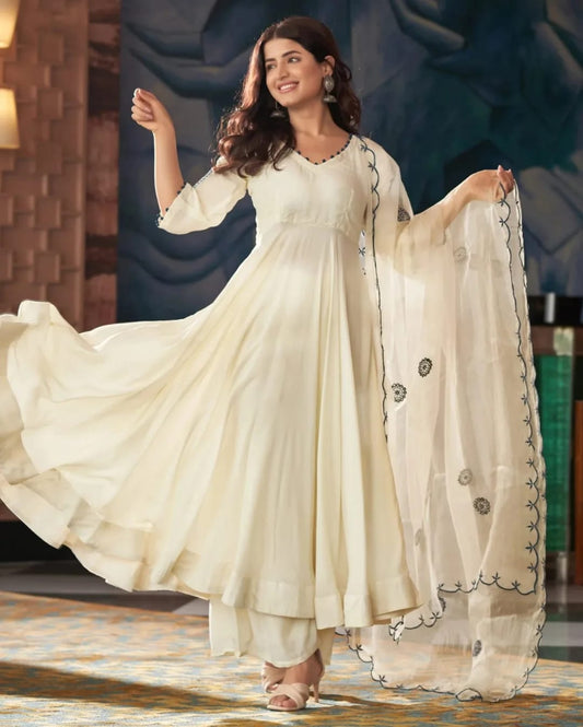 Soft Flowing White Long kurta with V-Neckline and Elegant Embroidered Sleeves