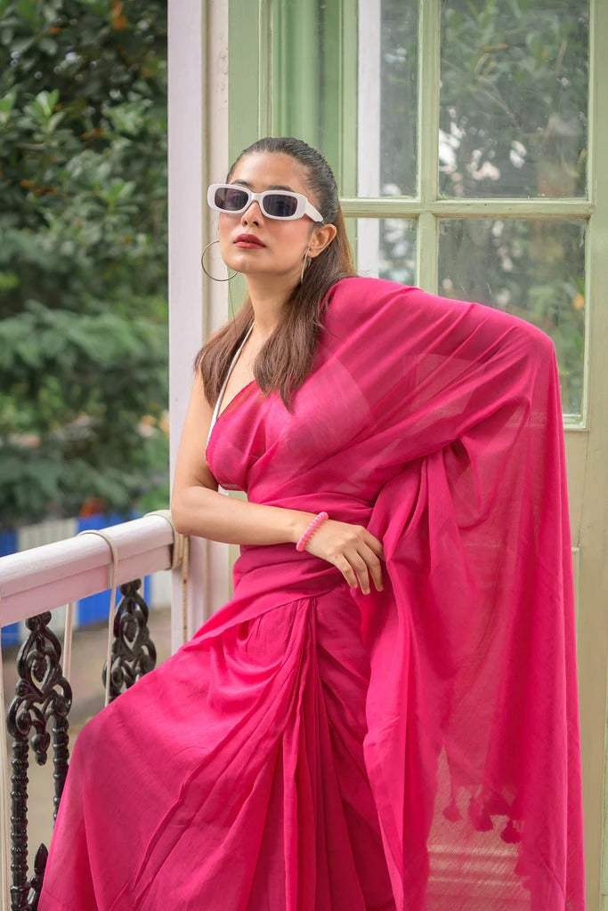 Pink plain khadi cotton saree with fancy tassel work