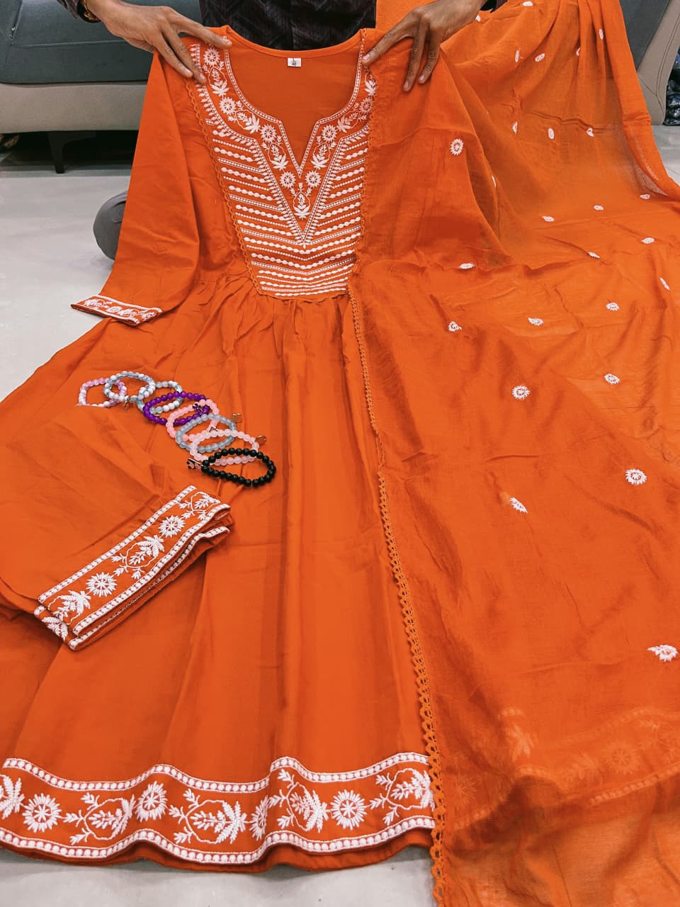 Orange soft cotton kurta and pant set with embroidery work dupatta