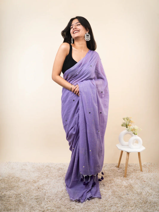 Lavender plain khadi cotton saree with ginni and fancy tassel work