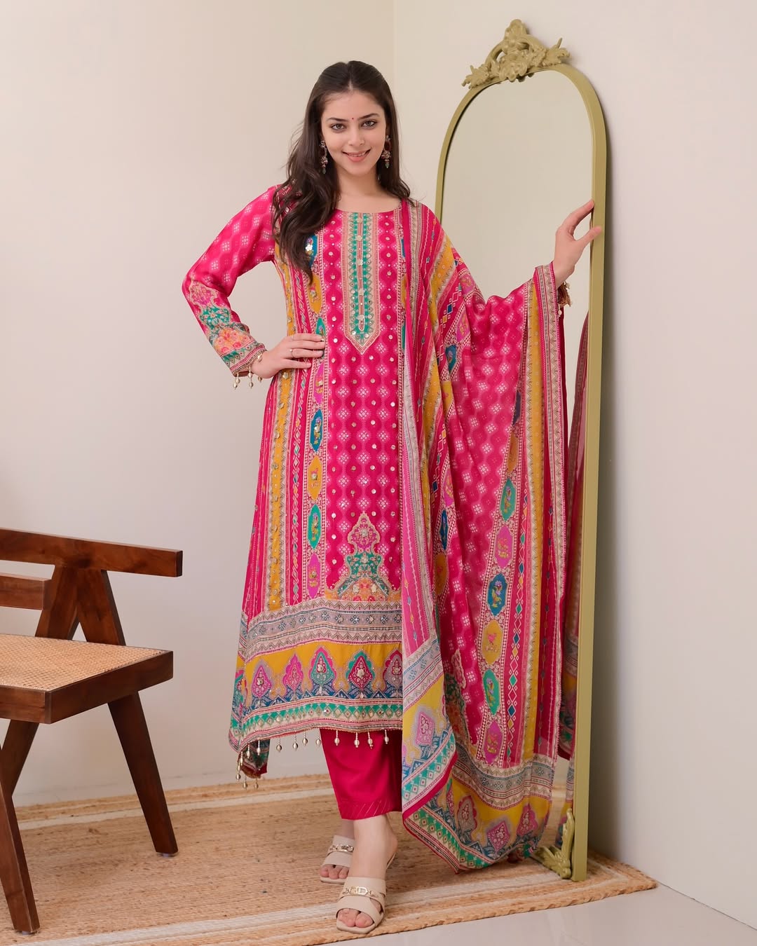 Pink chinon silk kurta palazzo and dupatta set with printed and kodi work