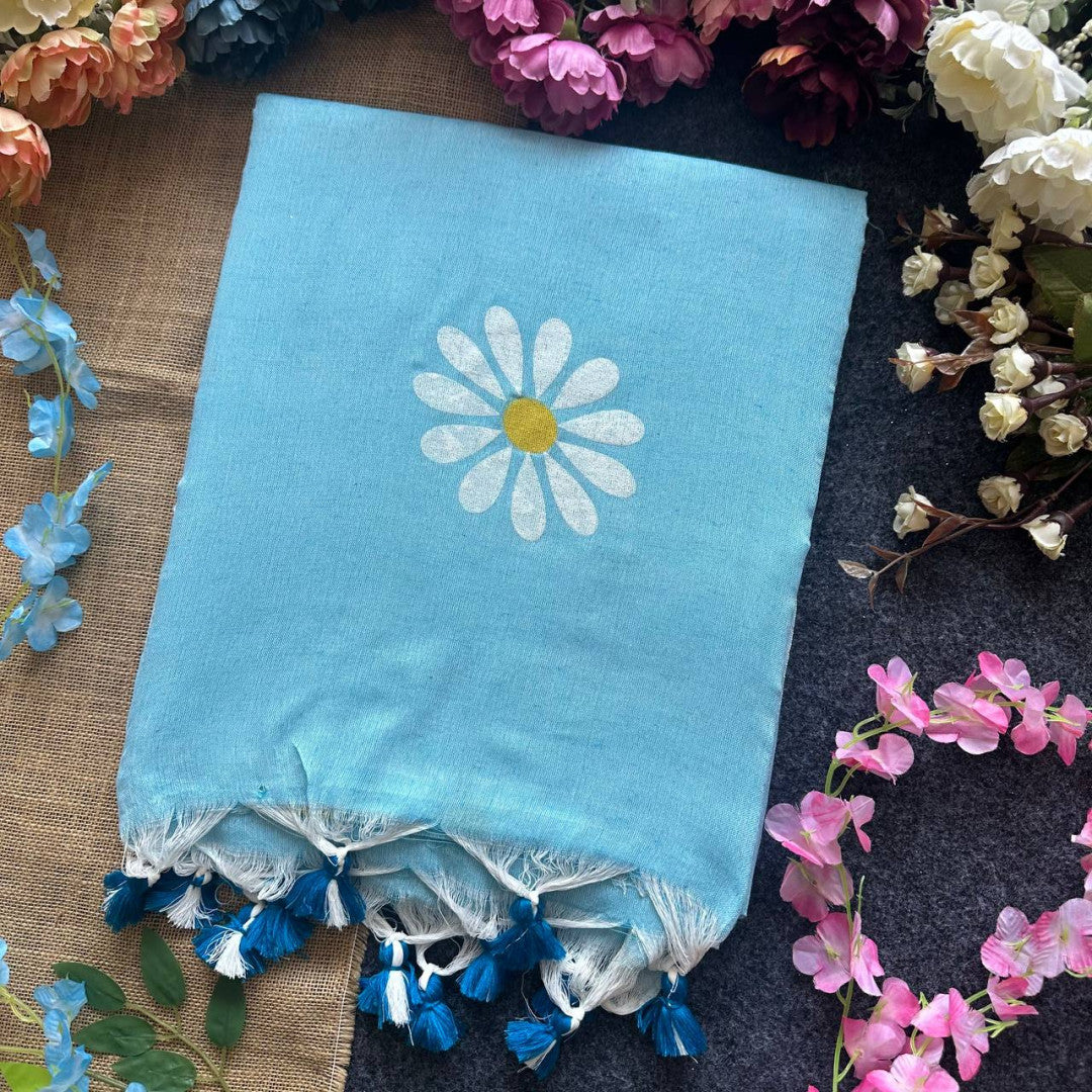 Sky blue fancy khadi cotton saree with flower printed work