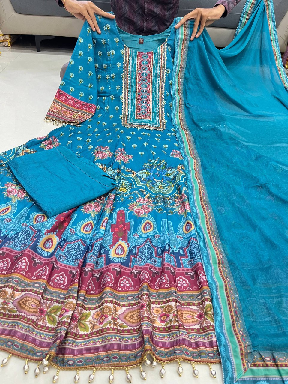 Blue chinon silk mirror and printed work long kurta and pent set with plain dupatta