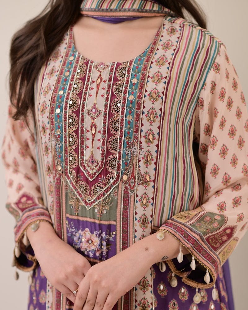 Beige and purple chinon silk kurta palazzo and dupatta set with printed and kodi work
