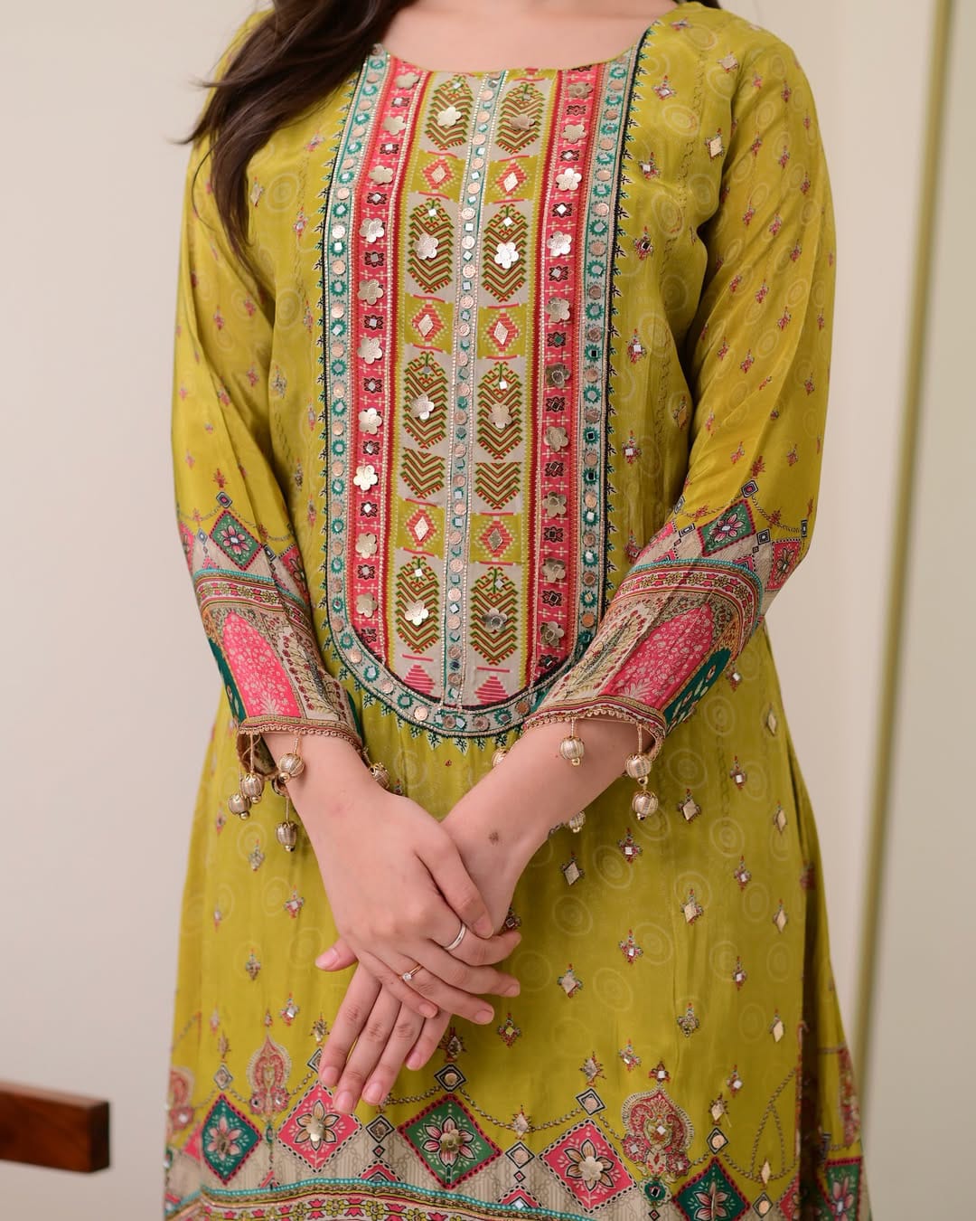 Mahendi green chinon silk kurta palazzo and dupatta set with printed and kodi work