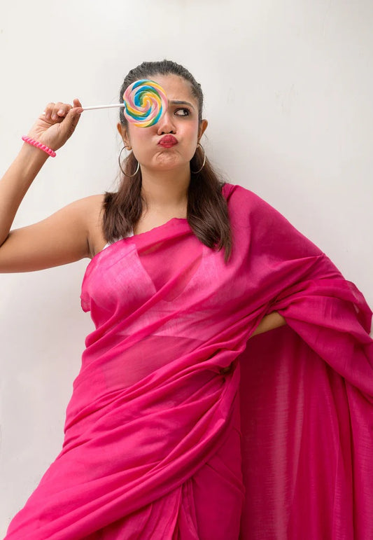 Pink plain khadi cotton saree with fancy tassel work