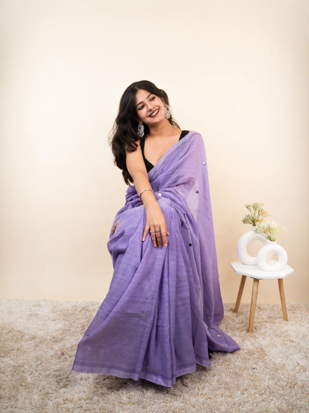 Lavender plain khadi cotton saree with ginni and fancy tassel work