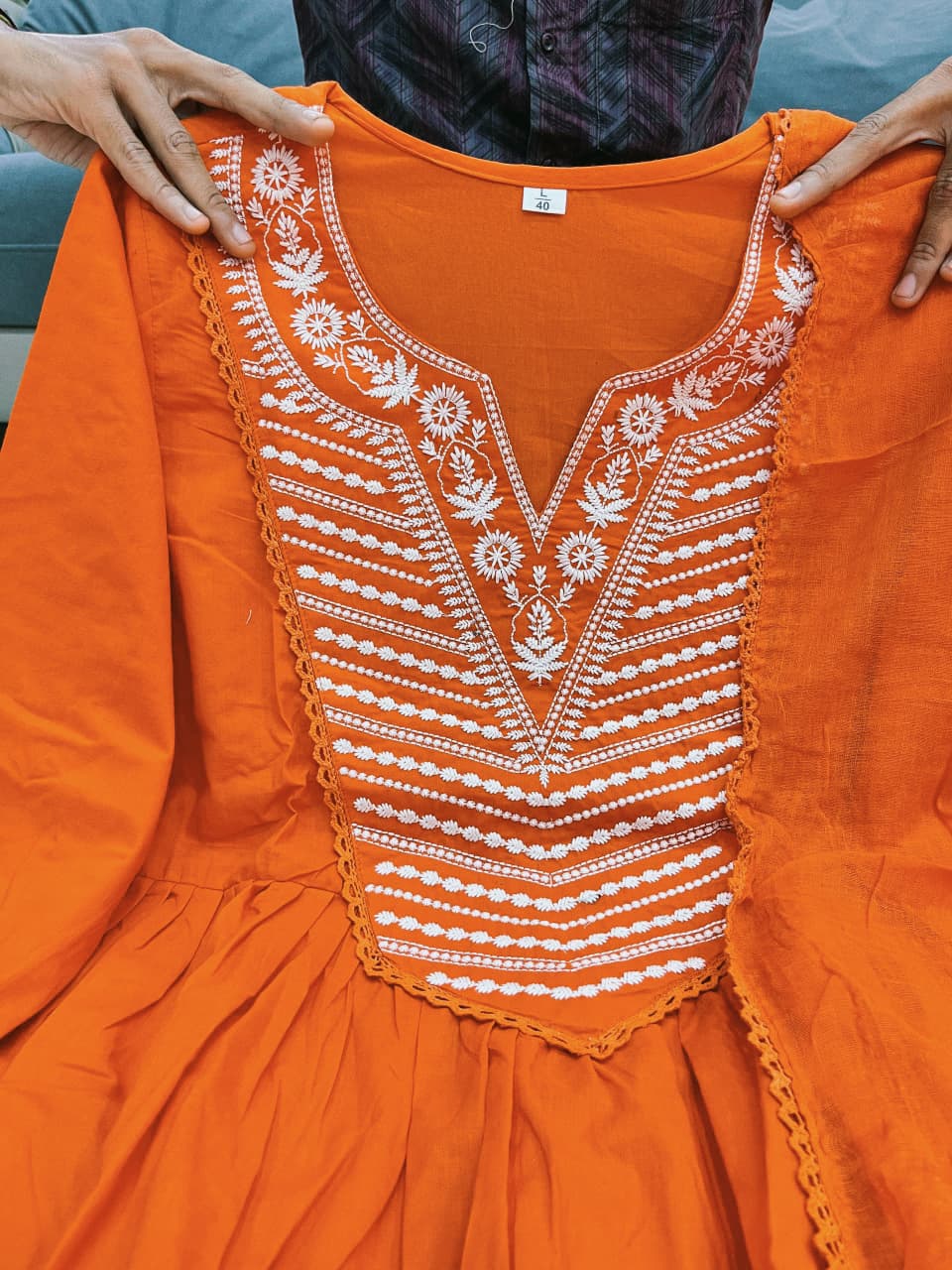 Orange soft cotton kurta and pant set with embroidery work dupatta