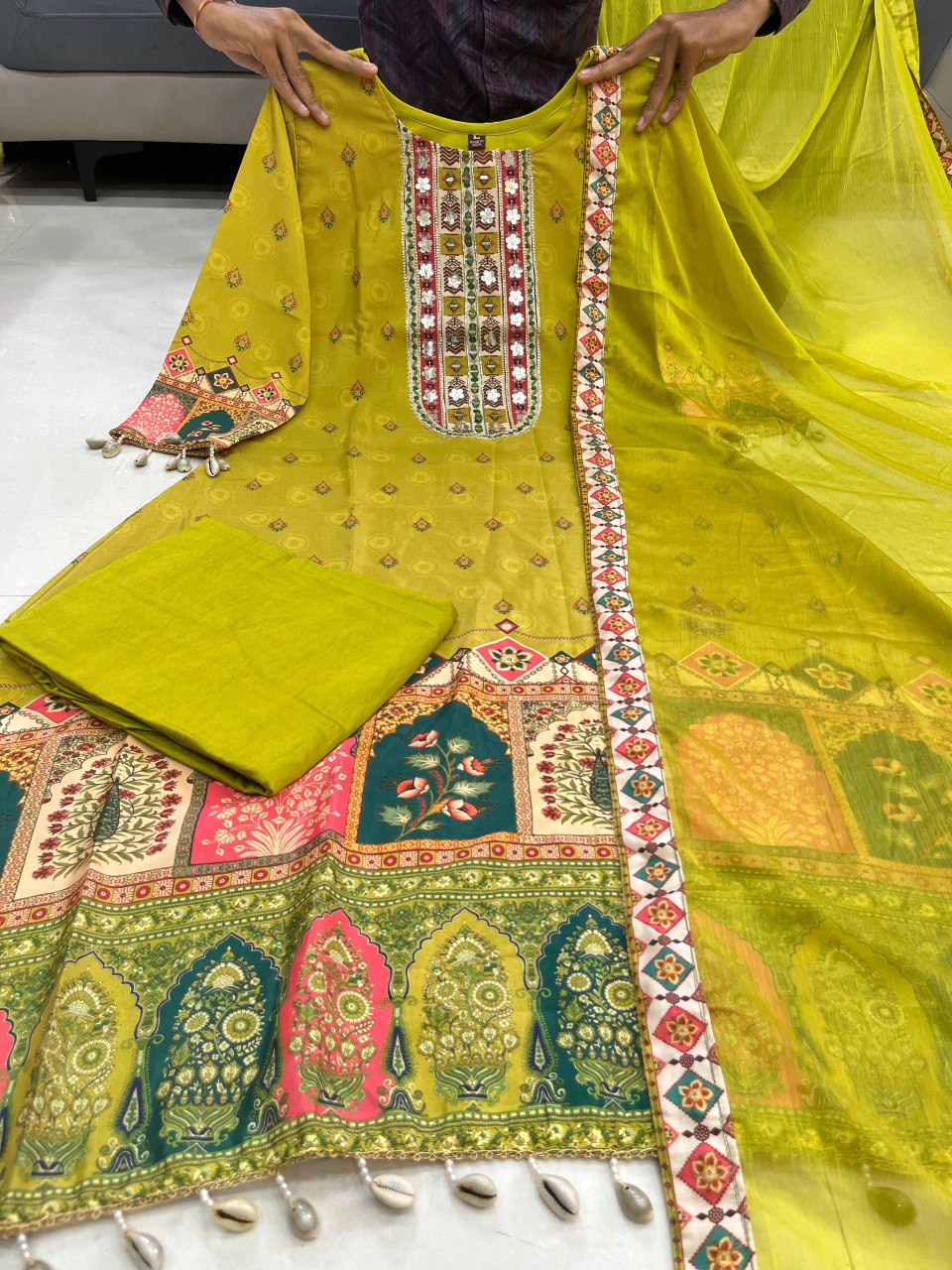 Mahendi green chinon silk kurta palazzo and dupatta set with printed and kodi work