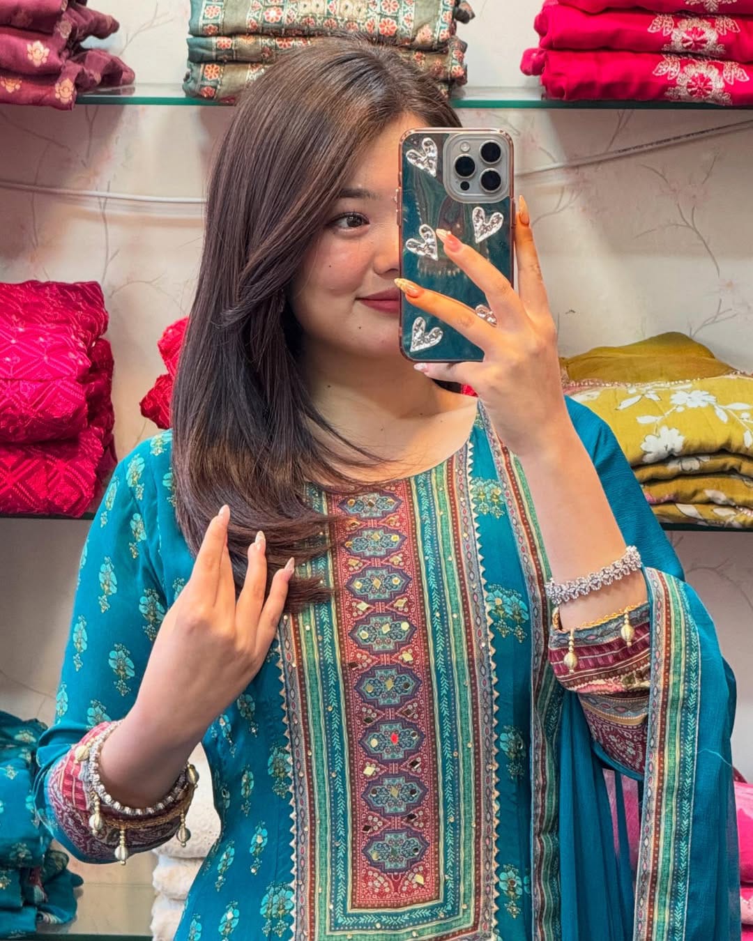 Blue chinon silk mirror and printed work long kurta and pent set with plain dupatta