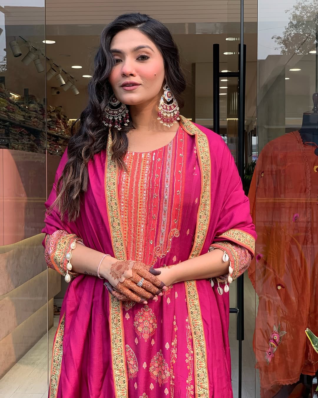 Pink chinon silk kurta palazzo and dupatta set with printed and kodi work