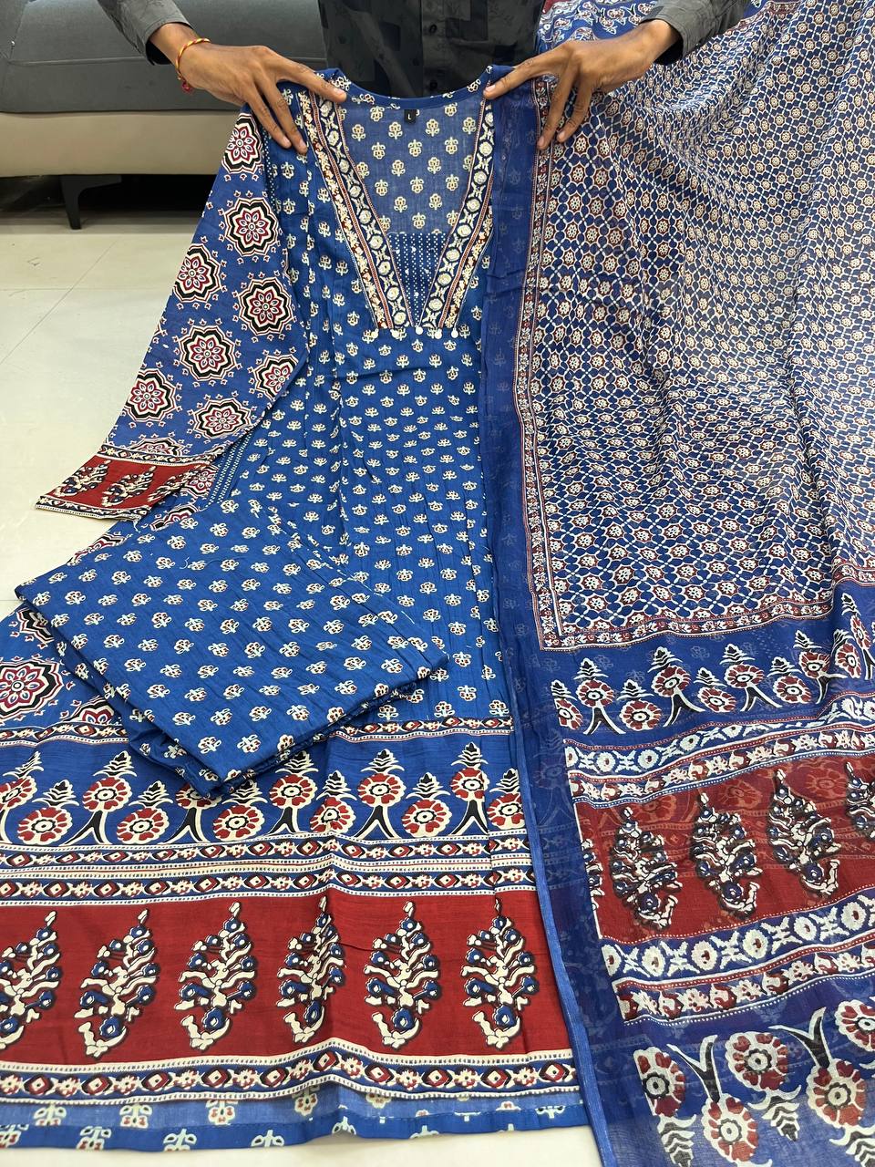 Blue soft mul cotton kurta and pant set with printed work dupatta