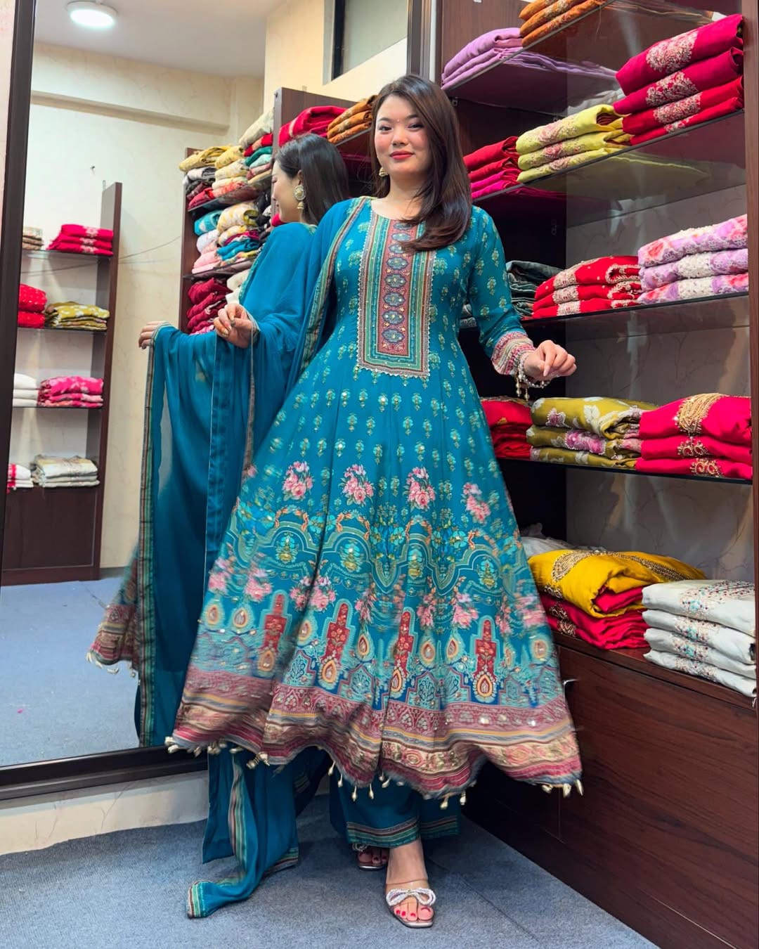 Blue chinon silk mirror and printed work long kurta and pent set with plain dupatta