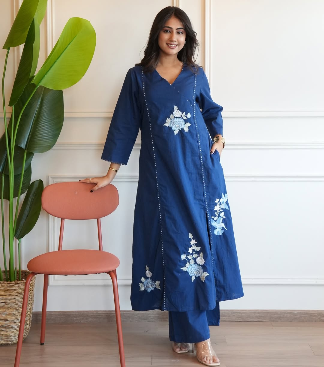 Navy blue linen cotton kurta and pent set with embroidery work