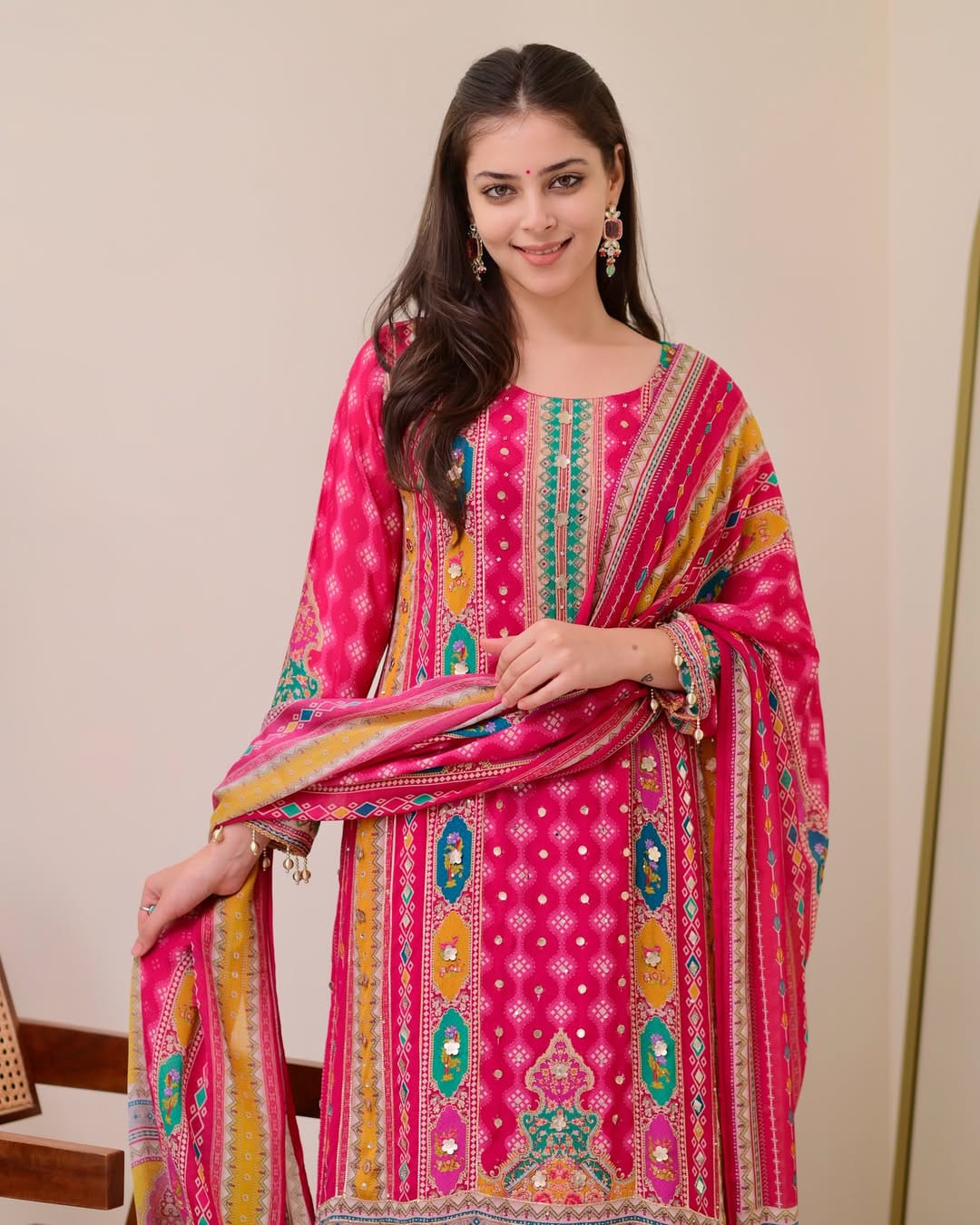 Pink chinon silk kurta palazzo and dupatta set with printed and kodi work