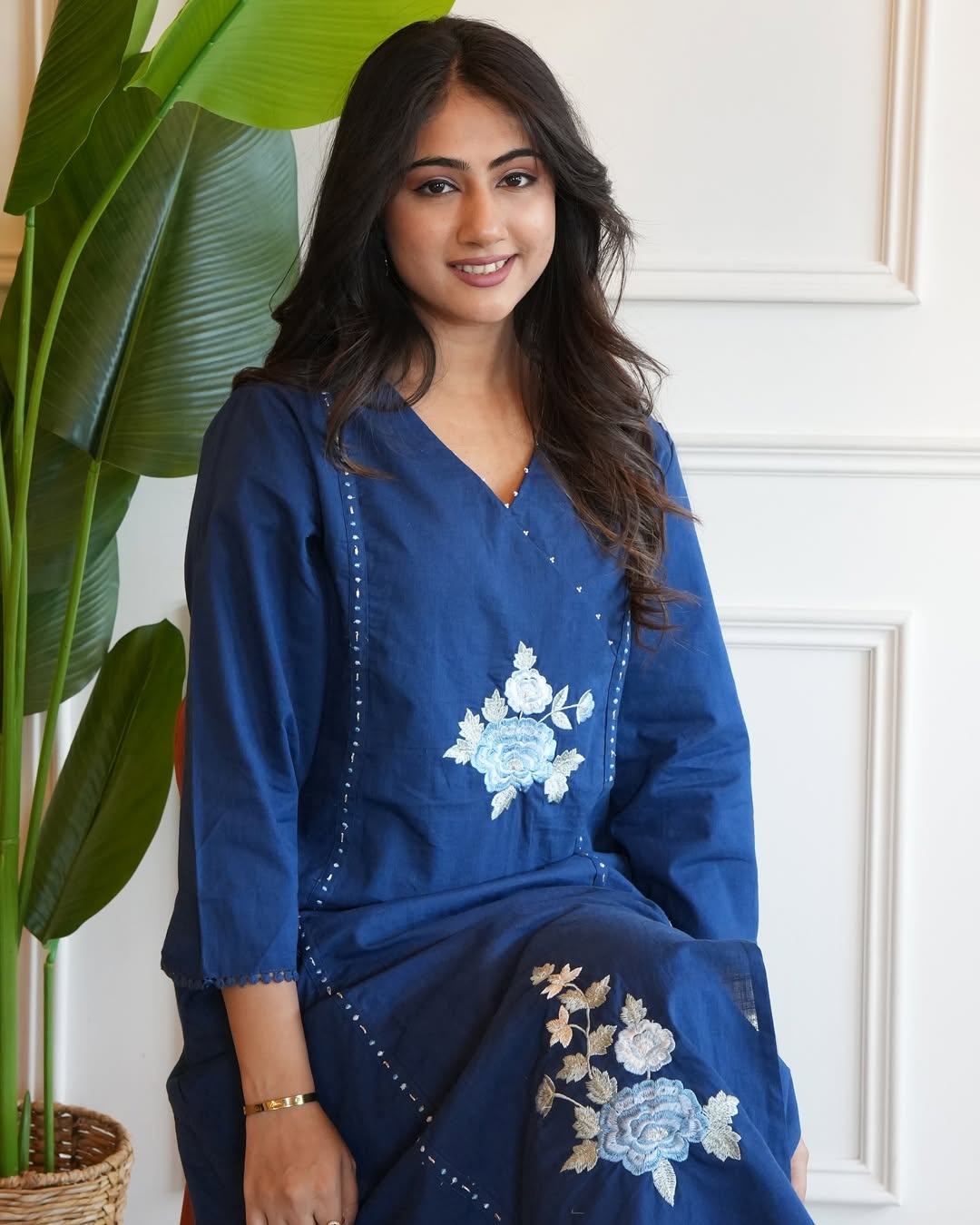Navy blue linen cotton kurta and pent set with embroidery work