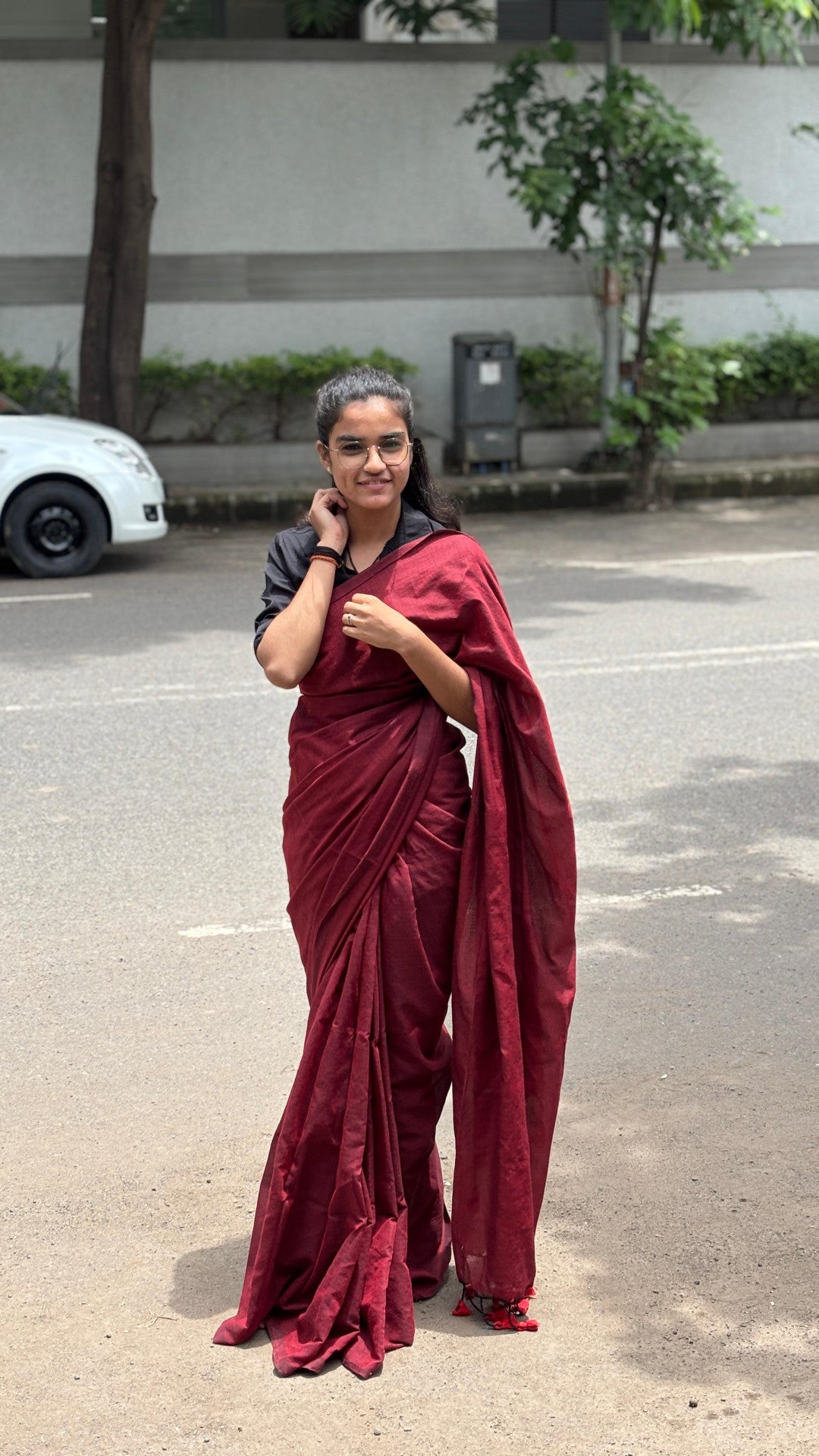 Maroon plain khadi cotton saree with fancy tassel work
