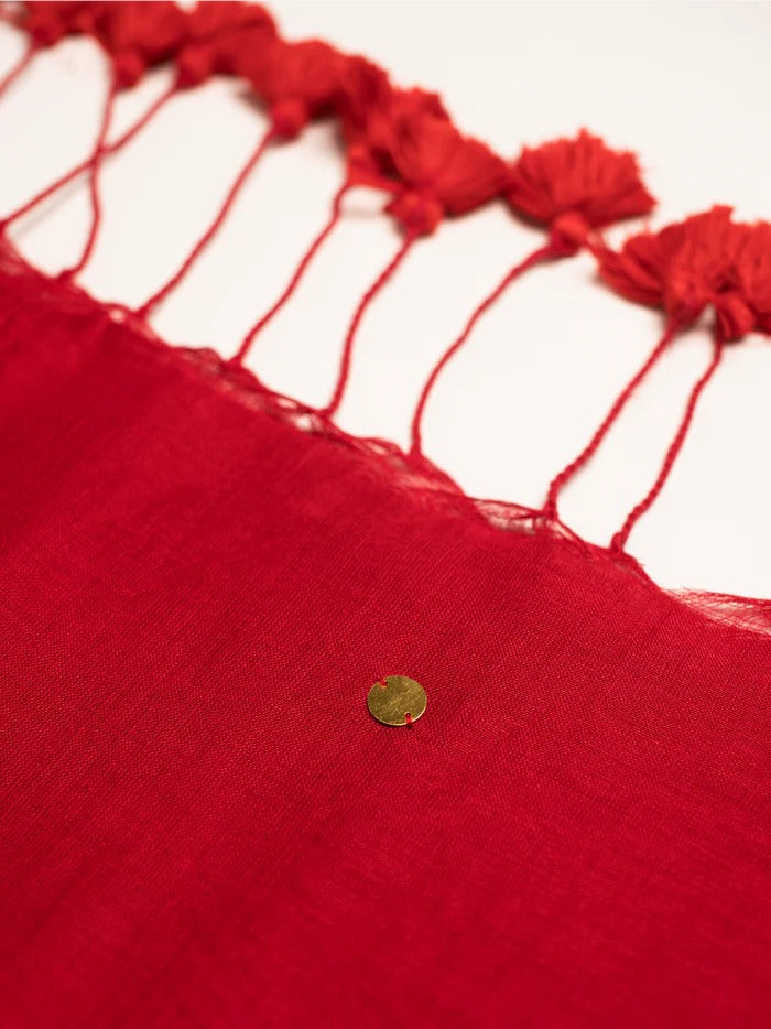 Red plain khadi cotton saree with ginni and fancy tassel work