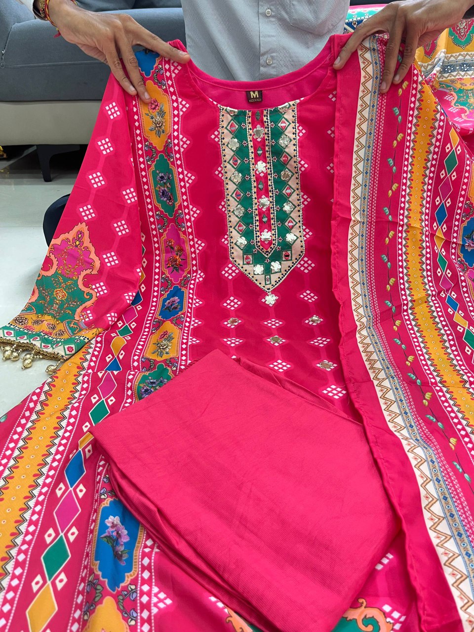 Pink chinon silk kurta palazzo and dupatta set with printed and kodi work