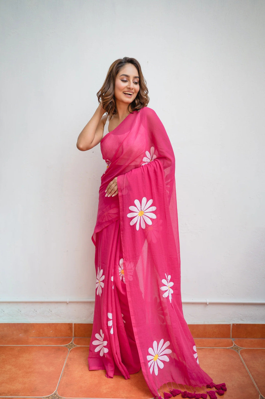 Pink fancy khadi cotton saree with flower printed work