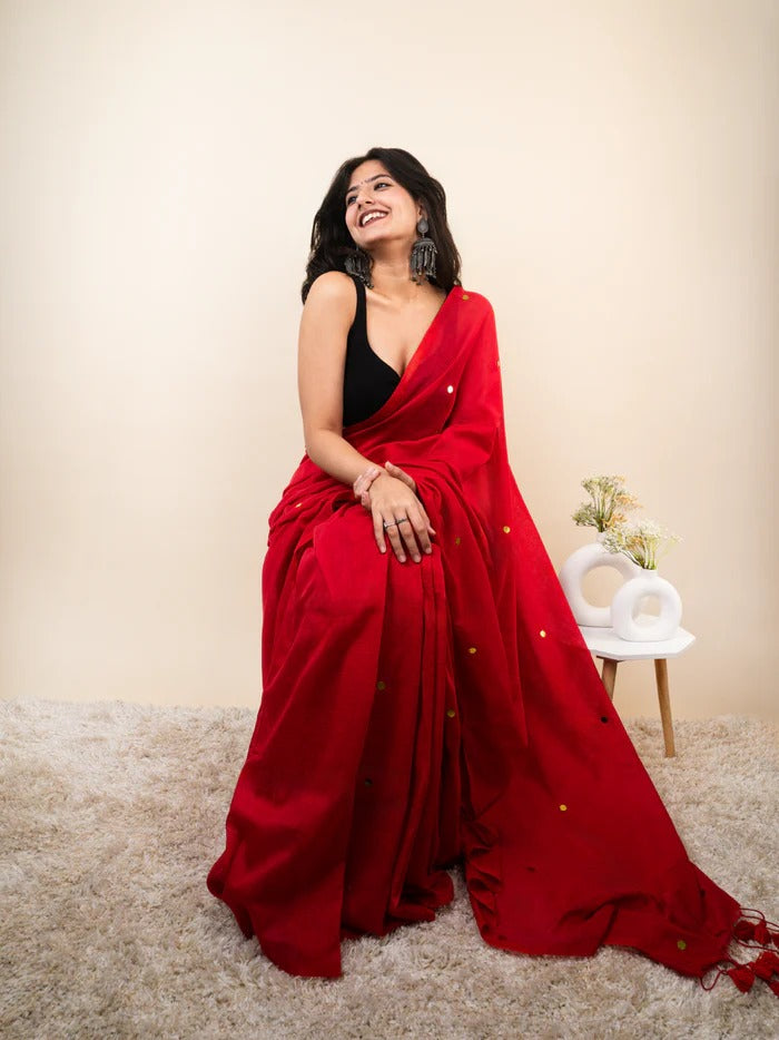 Red plain khadi cotton saree with ginni and fancy tassel work