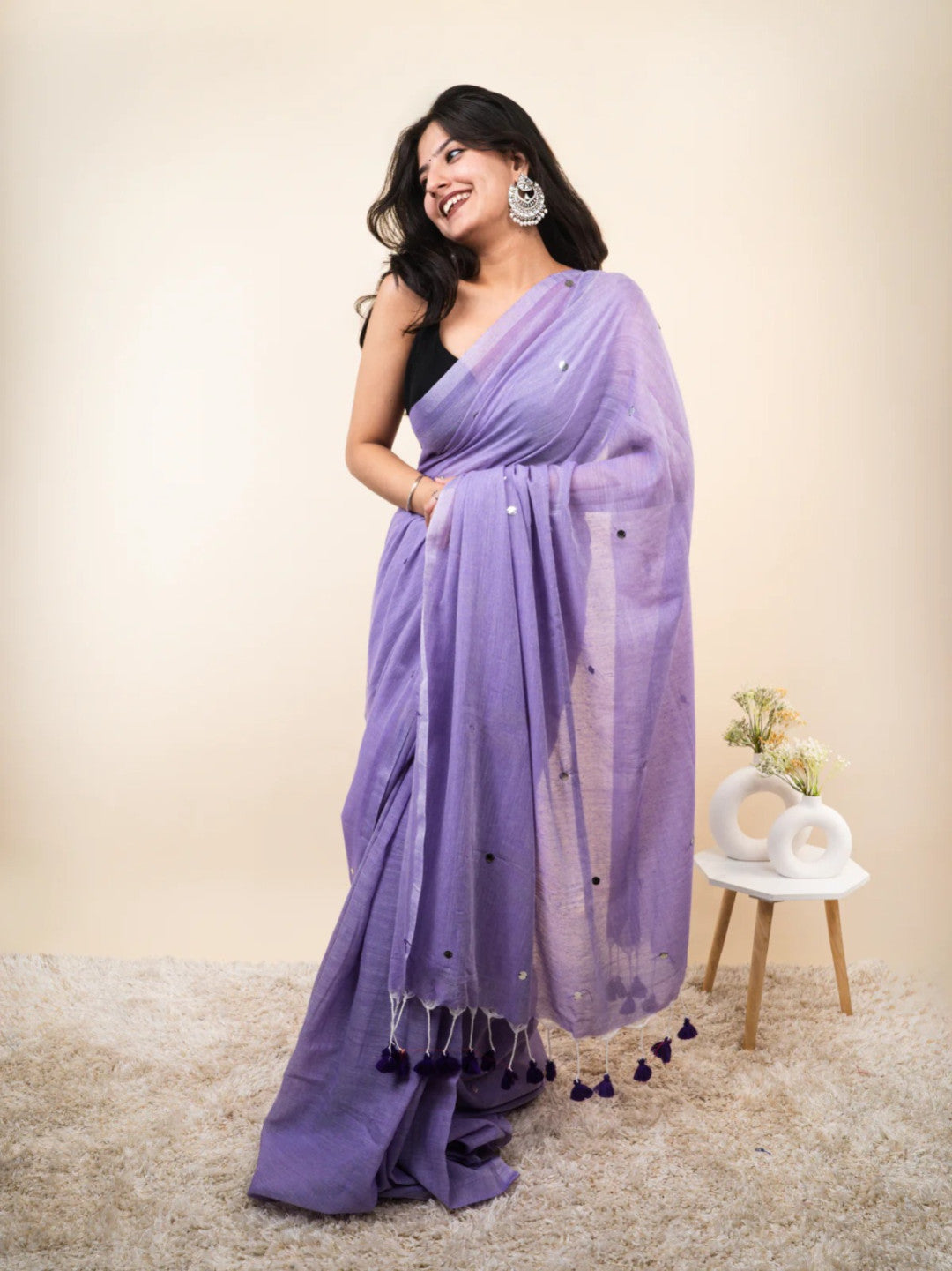 Lavender plain khadi cotton saree with ginni and fancy tassel work