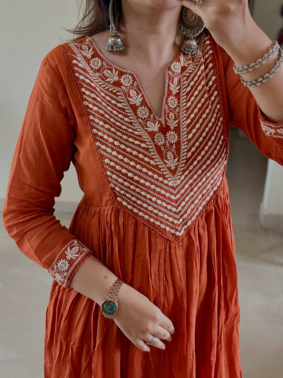 Orange soft cotton kurta and pant set with embroidery work dupatta