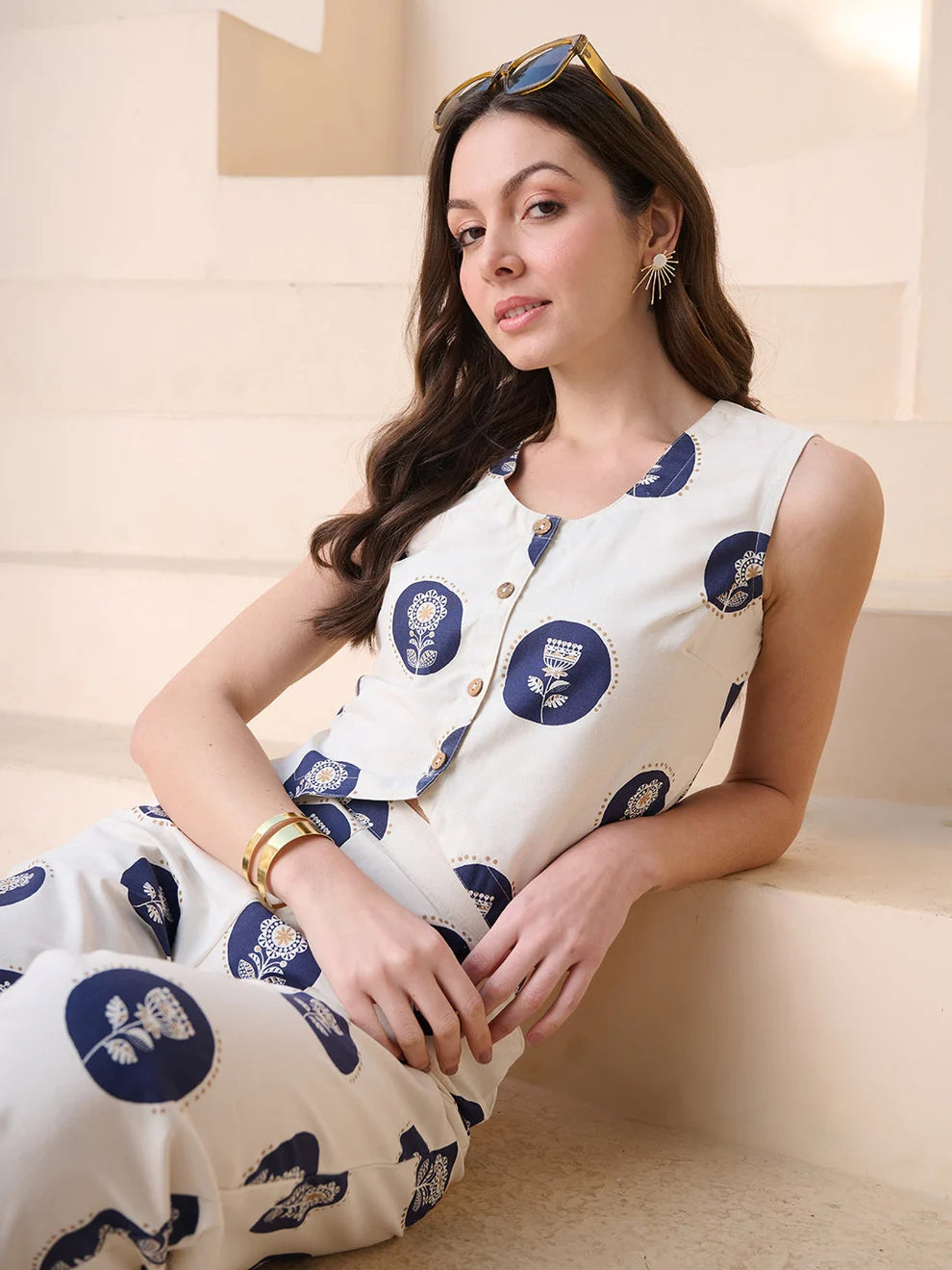 Navy Blue Floral Printed Cotton Flex Peplum Top