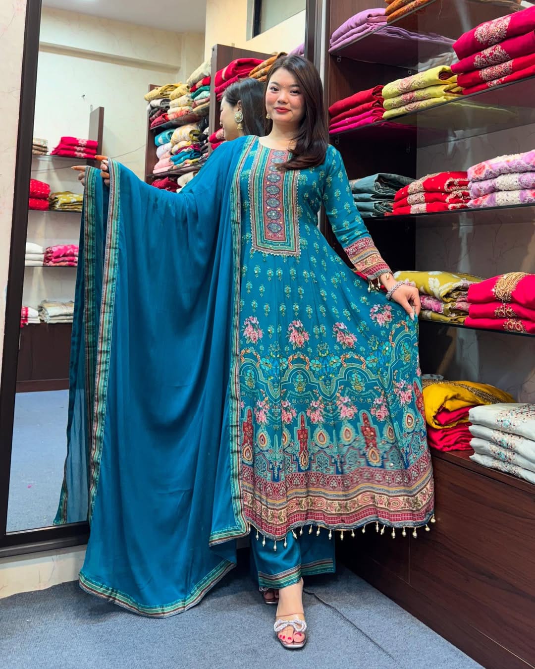 Blue chinon silk mirror and printed work long kurta and pent set with plain dupatta