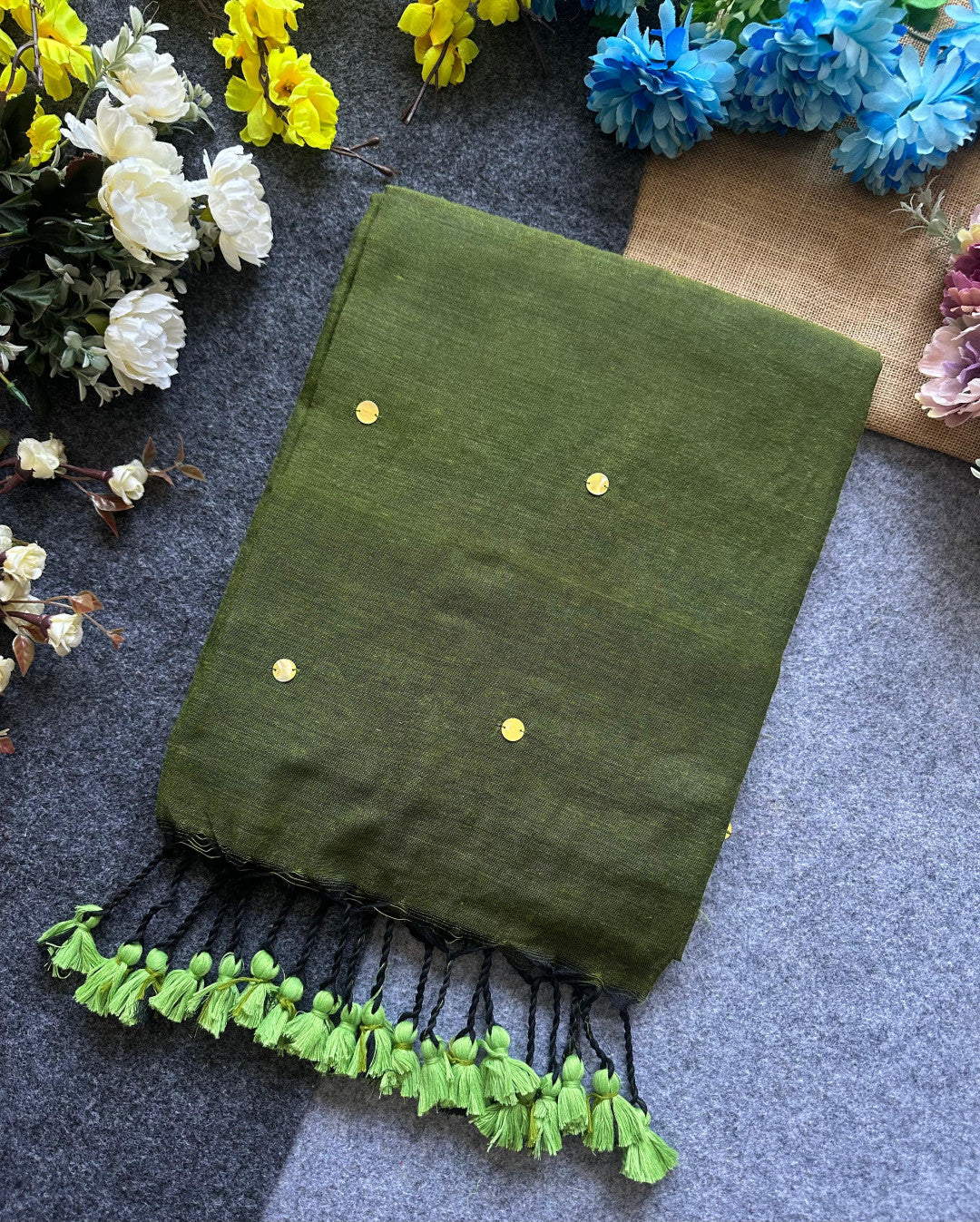 Mehndi green plain khadi cotton saree with ginni and fancy tassel work