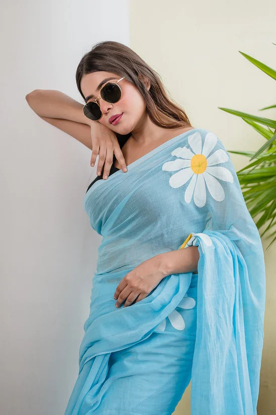 Sky blue fancy khadi cotton saree with flower printed work