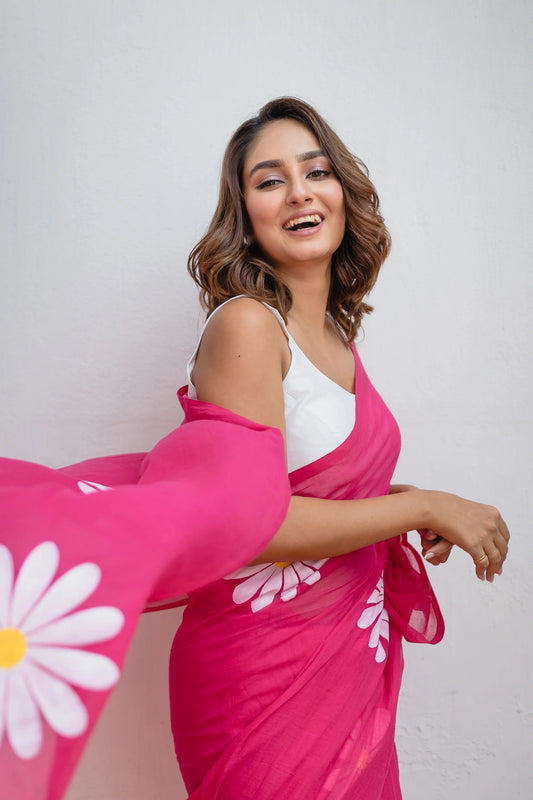 Pink fancy khadi cotton saree with flower printed work