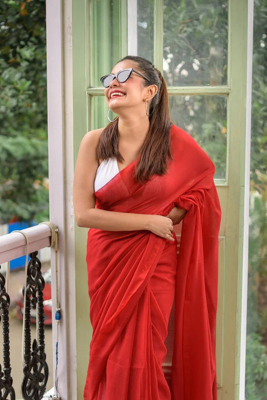 Red plain khadi cotton saree with fancy tassel work [Product code
