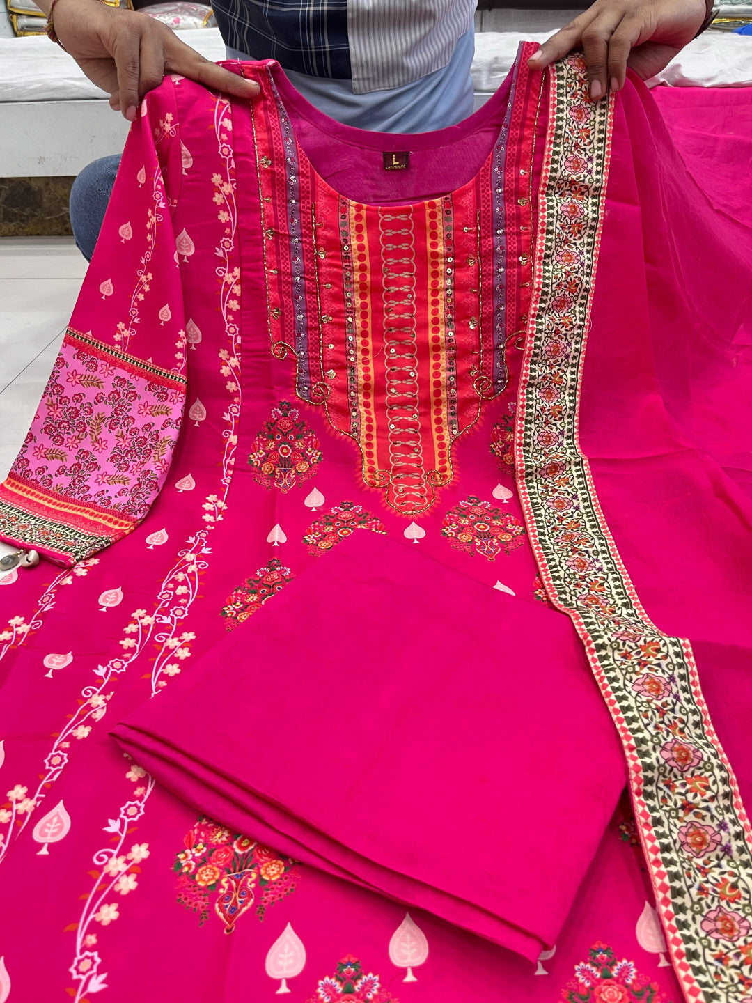 Pink chinon silk kurta palazzo and dupatta set with printed and kodi work