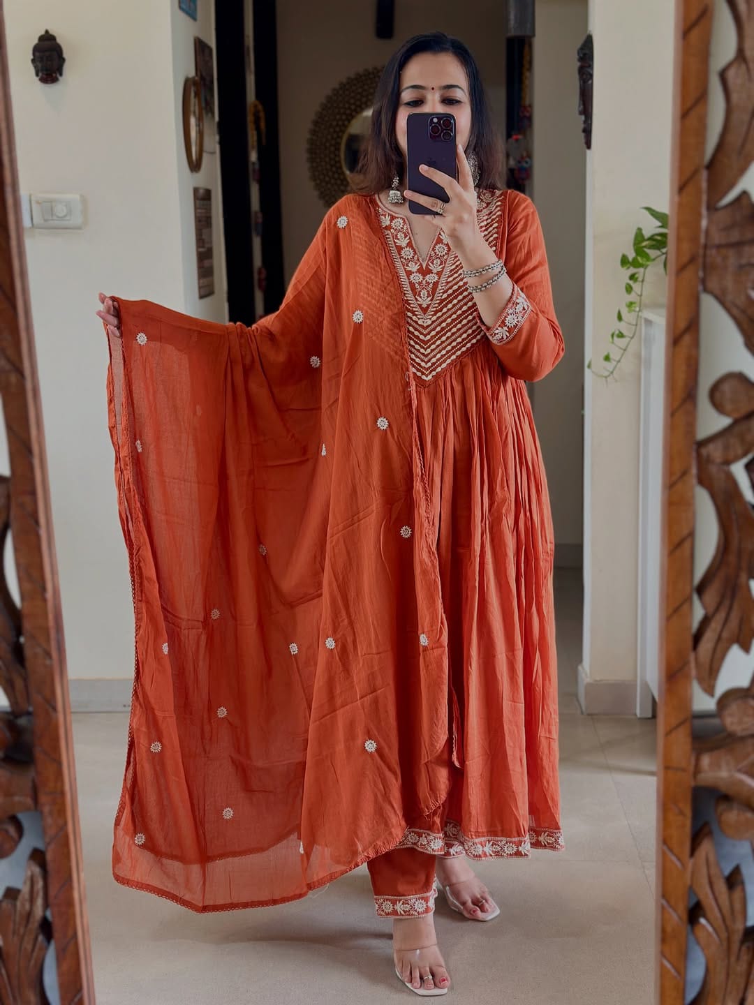 Orange soft cotton kurta and pant set with embroidery work dupatta