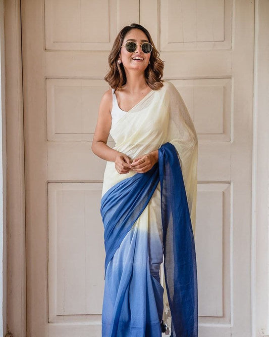 Multi colour soft flowy linen cotton saree with digital printed work