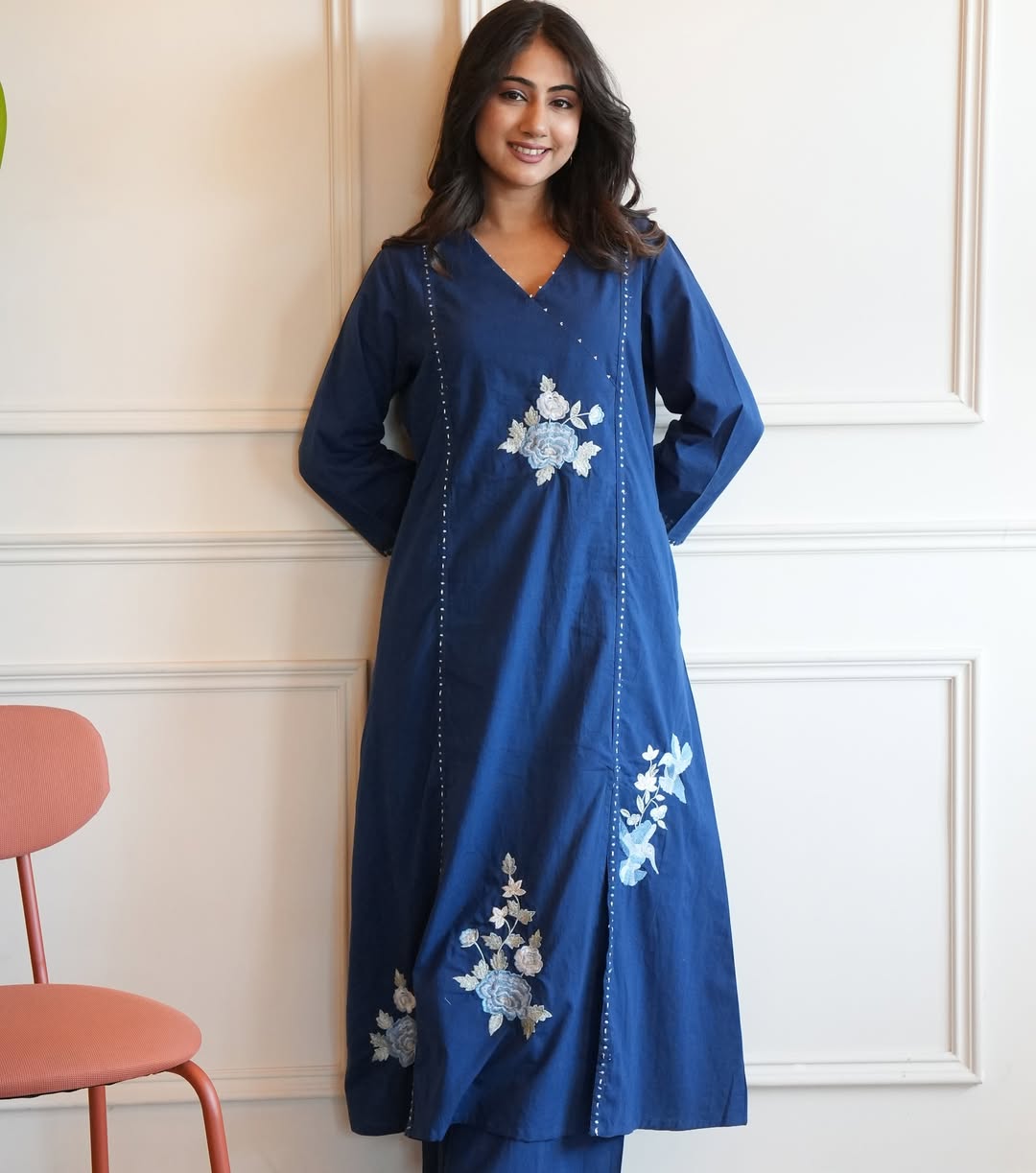 Navy blue linen cotton kurta and pent set with embroidery work