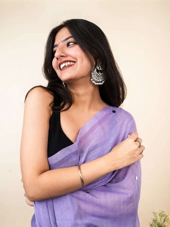 Lavender plain khadi cotton saree with ginni and fancy tassel work