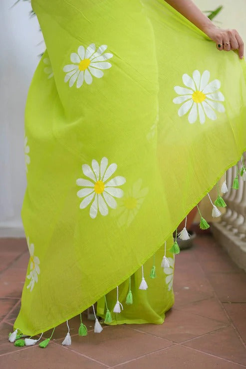Parrot green fancy khadi cotton saree with flower printed work
