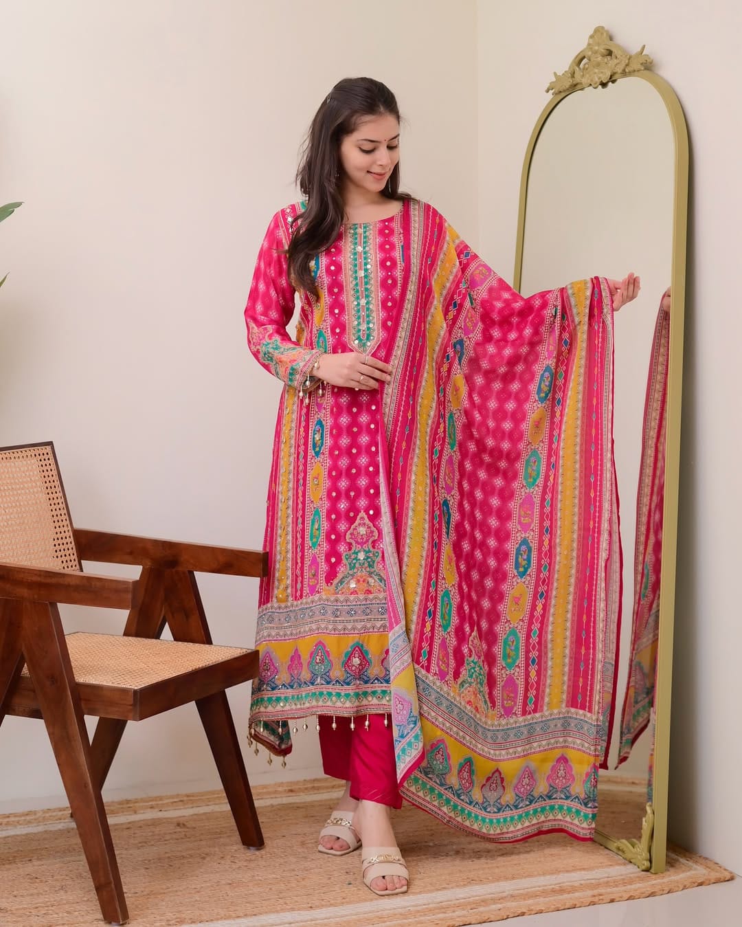 Pink chinon silk kurta palazzo and dupatta set with printed and kodi work