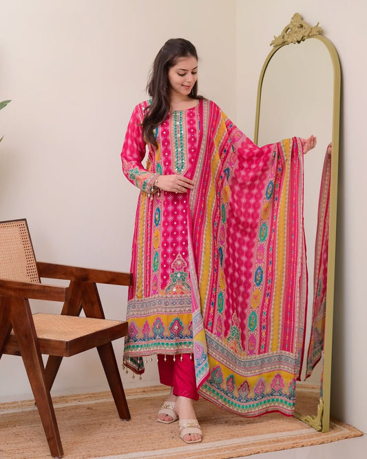 Pink chinon silk kurta palazzo and dupatta set with printed and kodi work